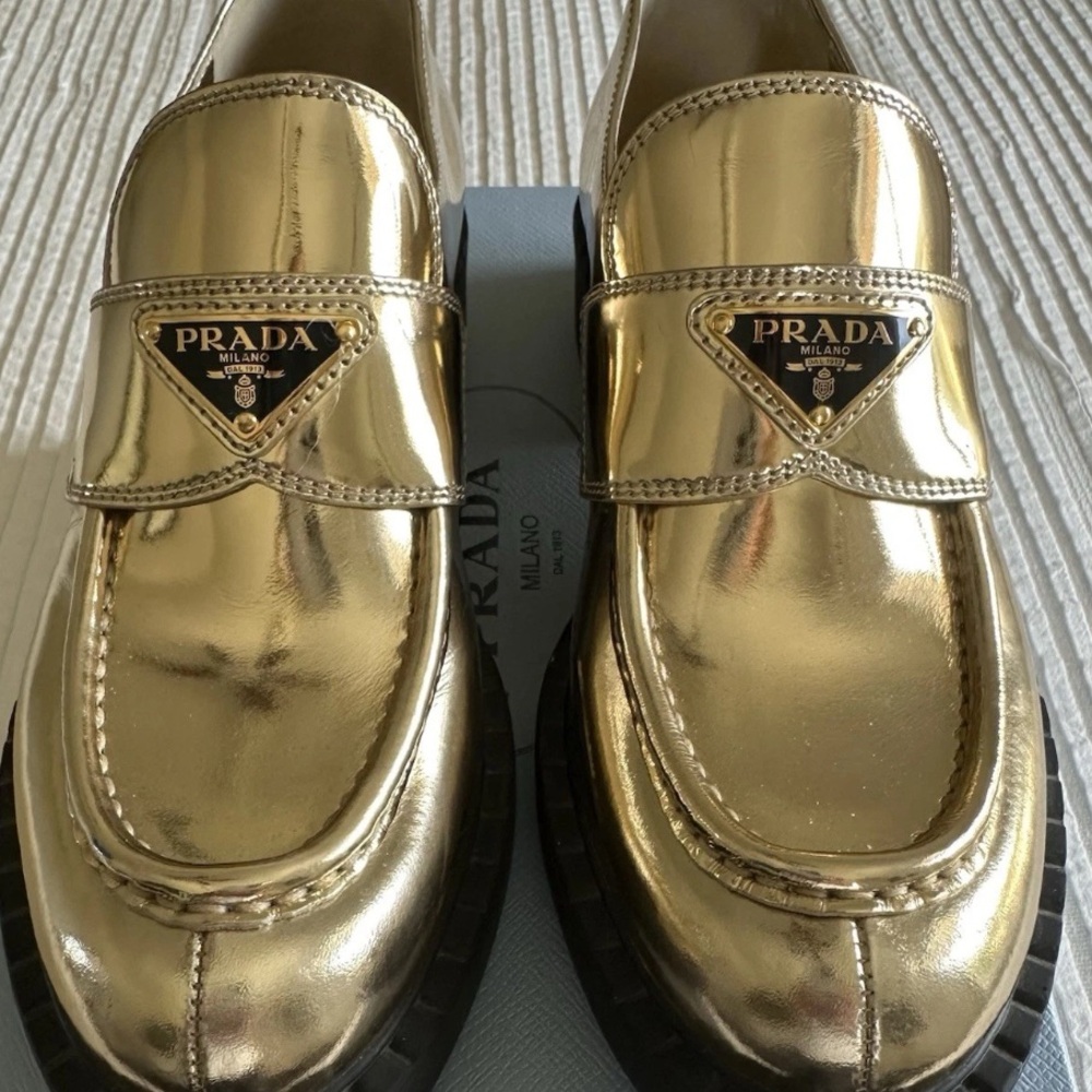 Prada Triangular Logo Metallic Gold Loafers $1400 - Picture 3 of 3